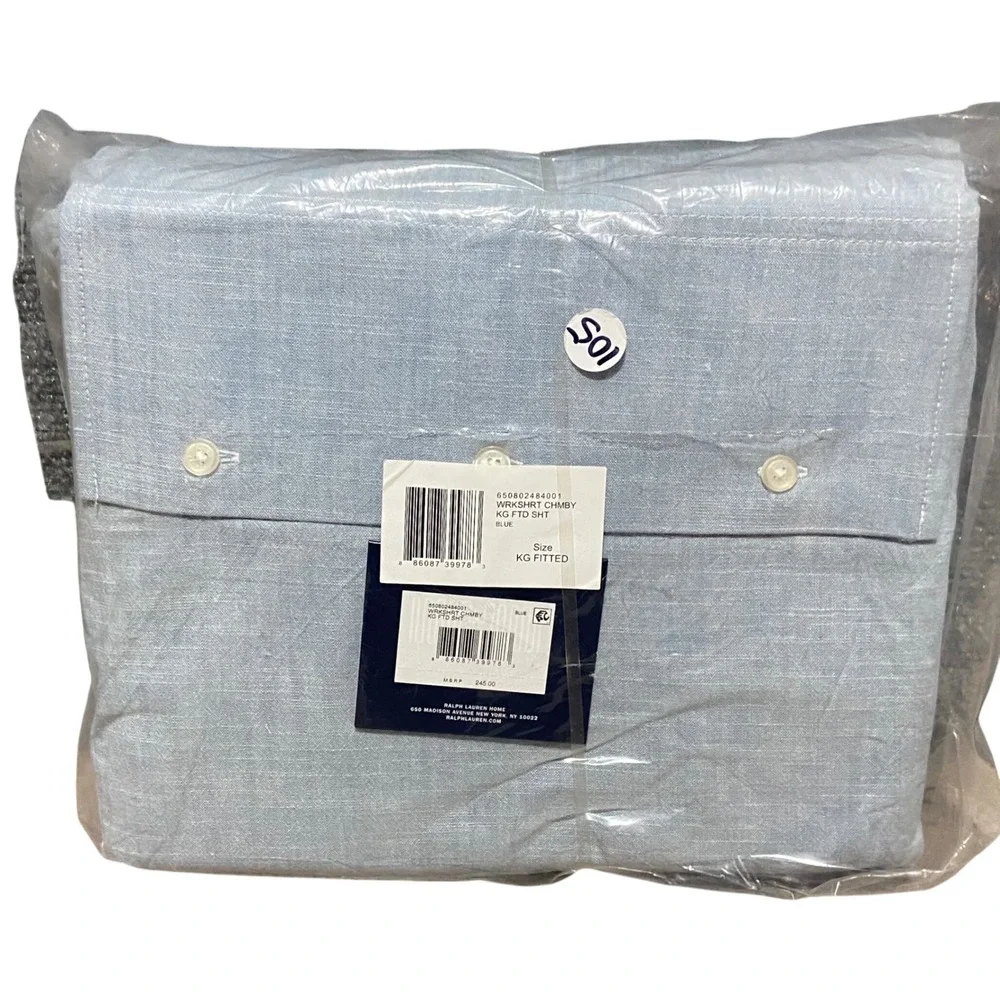 Ralph Lauren Workshirt Chambray King Flat & Extra Deep Fitted Sheet Set Blue NEW